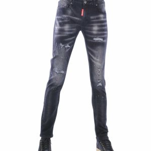 ICON Slim Fit Stretch Gescheurde Heren Jeans met Verfspatten – Zwart