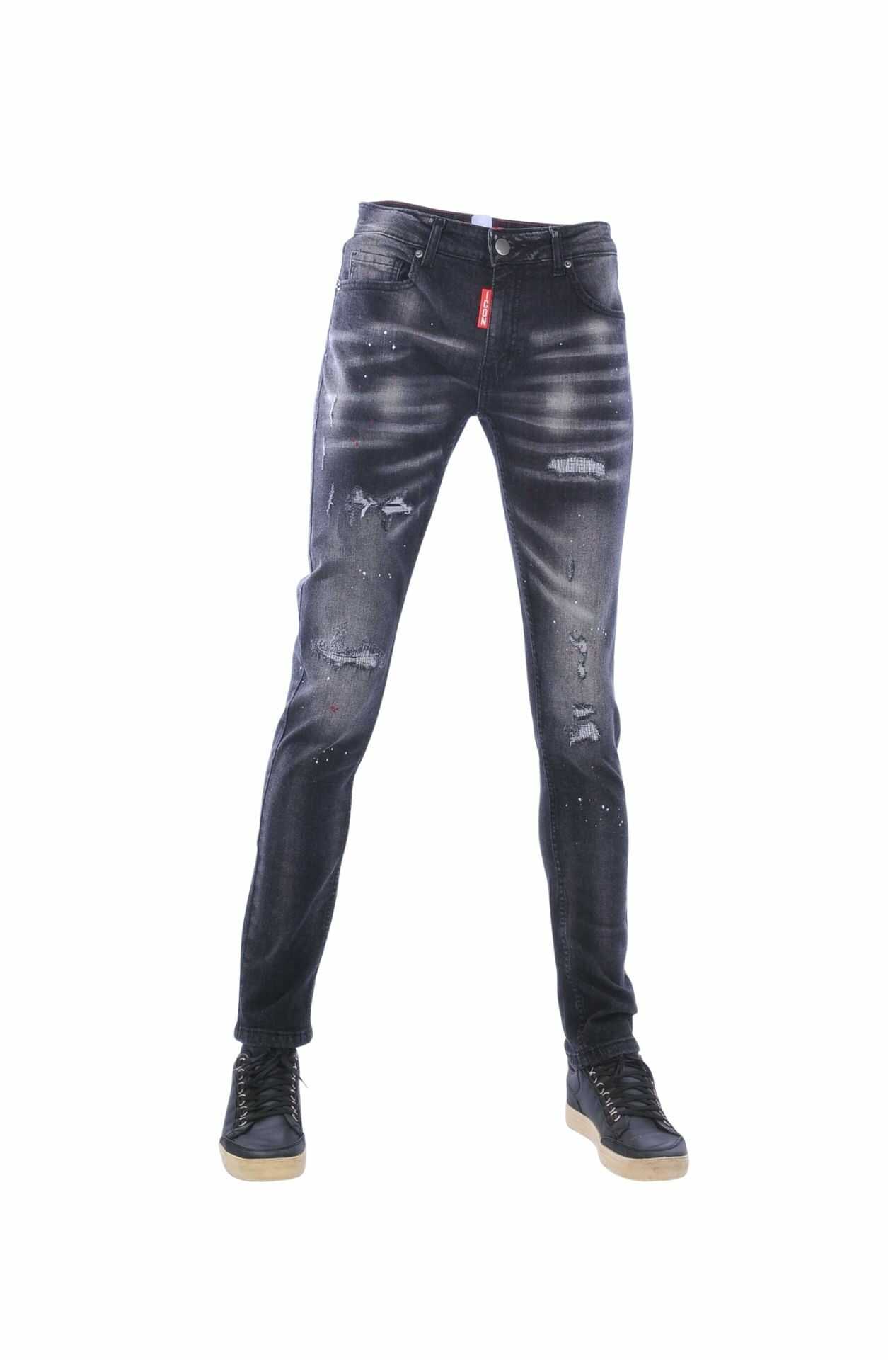 ICON Slim Fit Stretch Gescheurde Heren Jeans met Verfspatten – Zwart