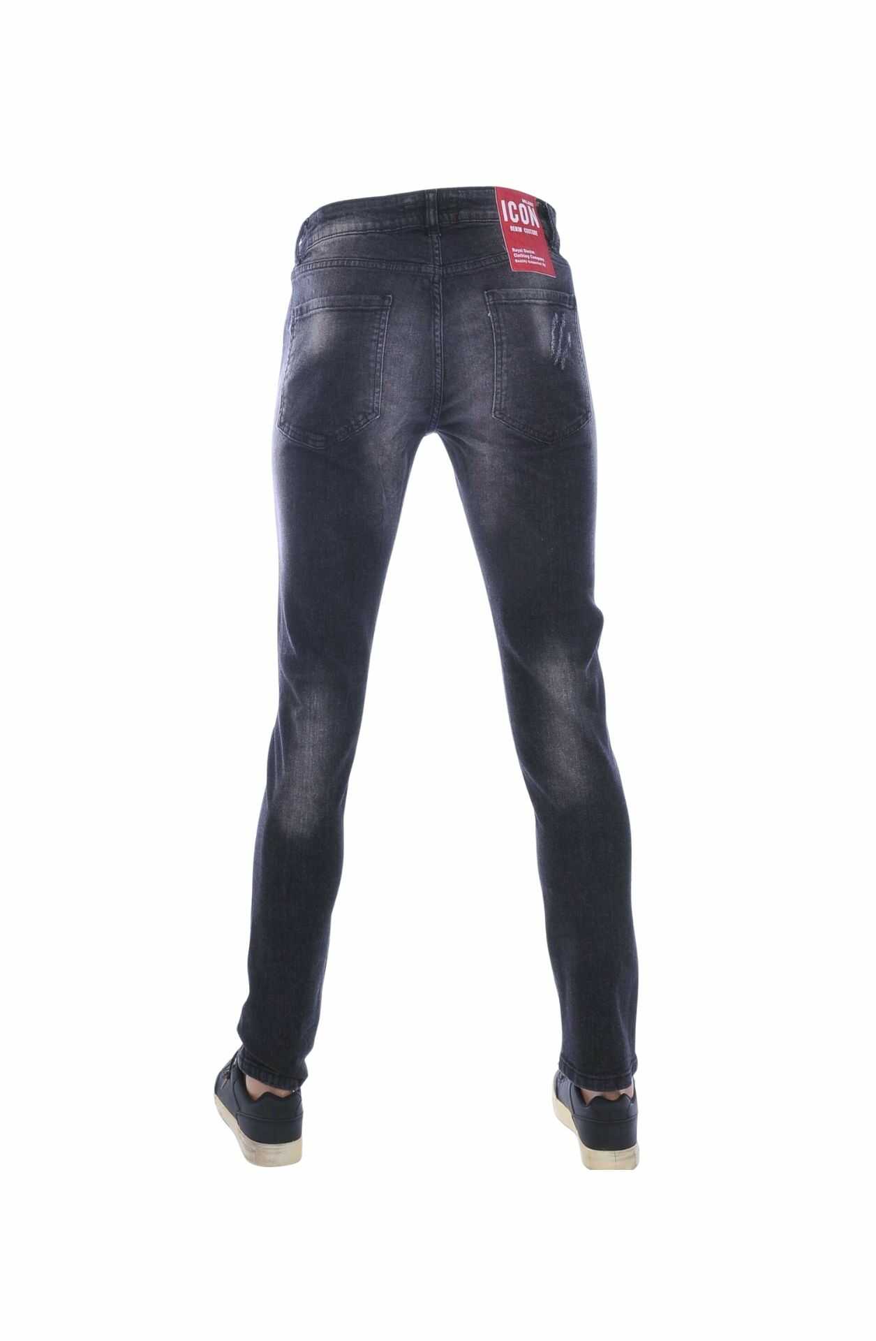 ICON Slim Fit Stretch Gescheurde Heren Jeans met Verfspatten – Zwart