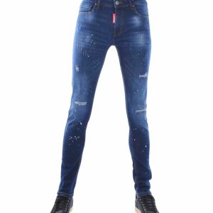 ICON Slim Fit Stretch Vintage Heren Jeans met Verfspatten – Donkerblauw