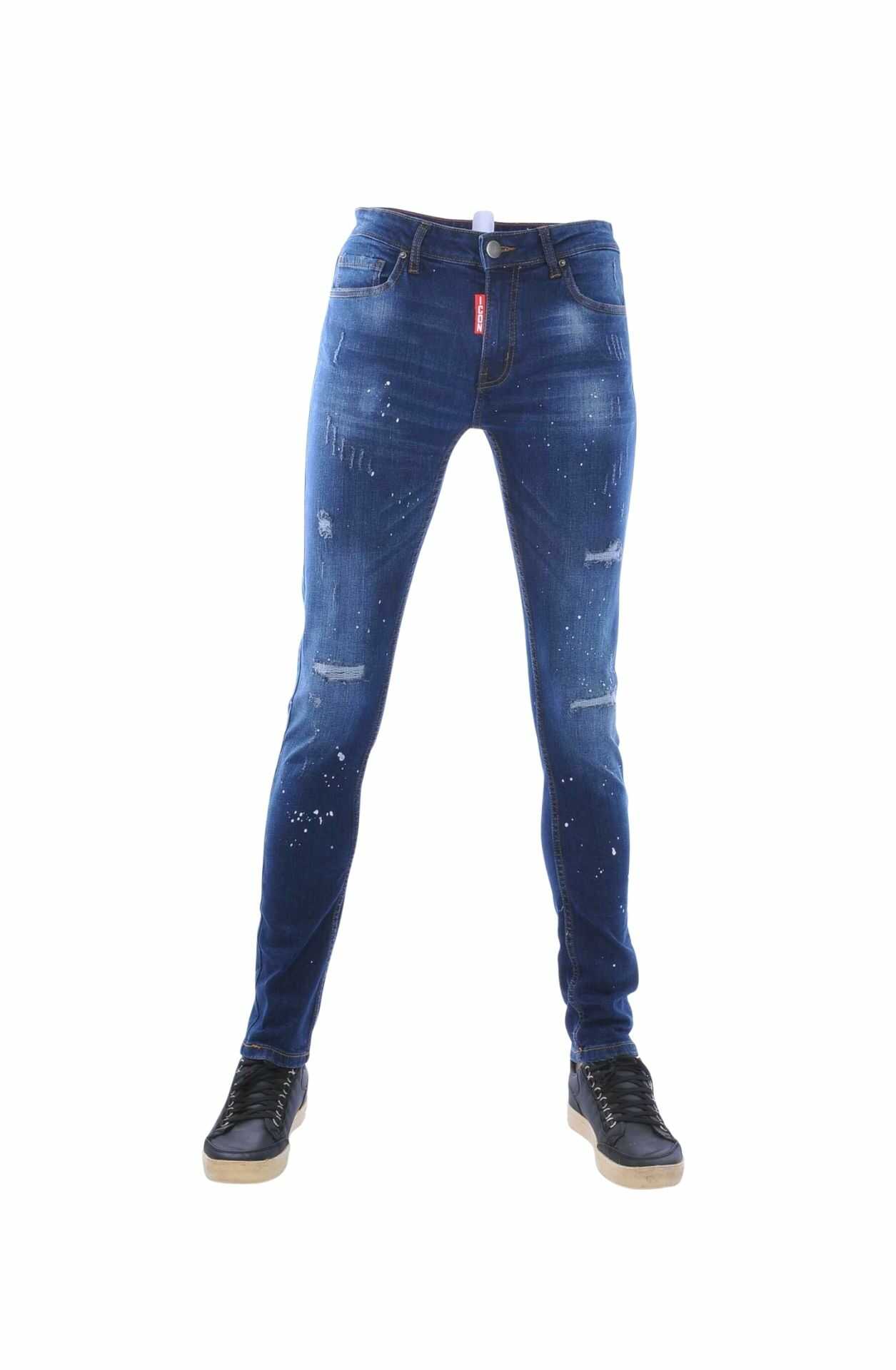 ICON Slim Fit Stretch Vintage Heren Jeans met Verfspatten – Donkerblauw