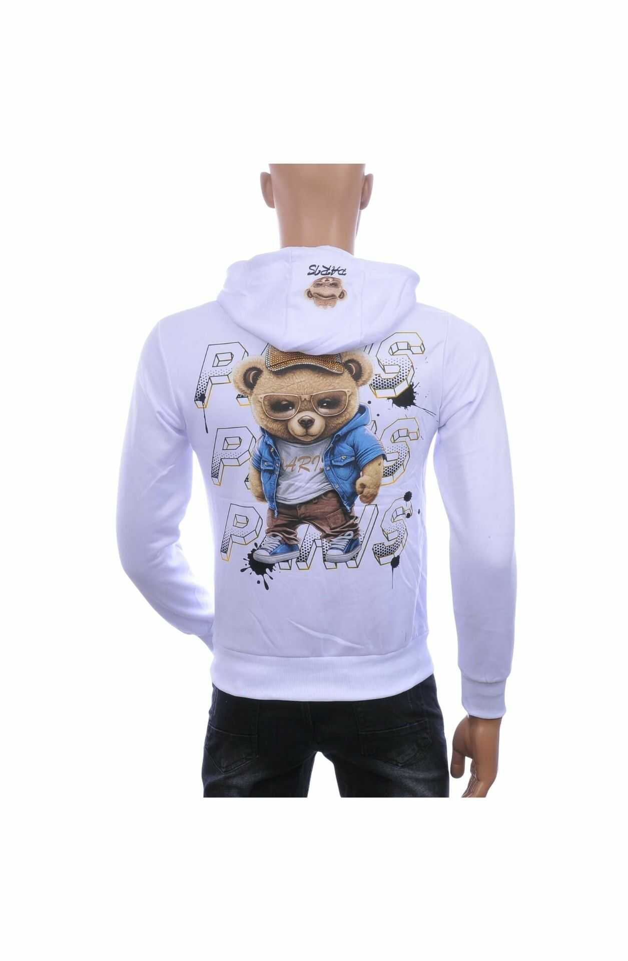 🖤 JUST MAN Trendy Heren Sweatshirt met Teddy Beer Print en Capuchon – Wit