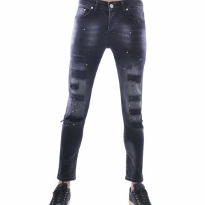 MONTFLEURI Gescheurde Slim Fit Stretch Heren Jeans met Verfspatten – Zwart