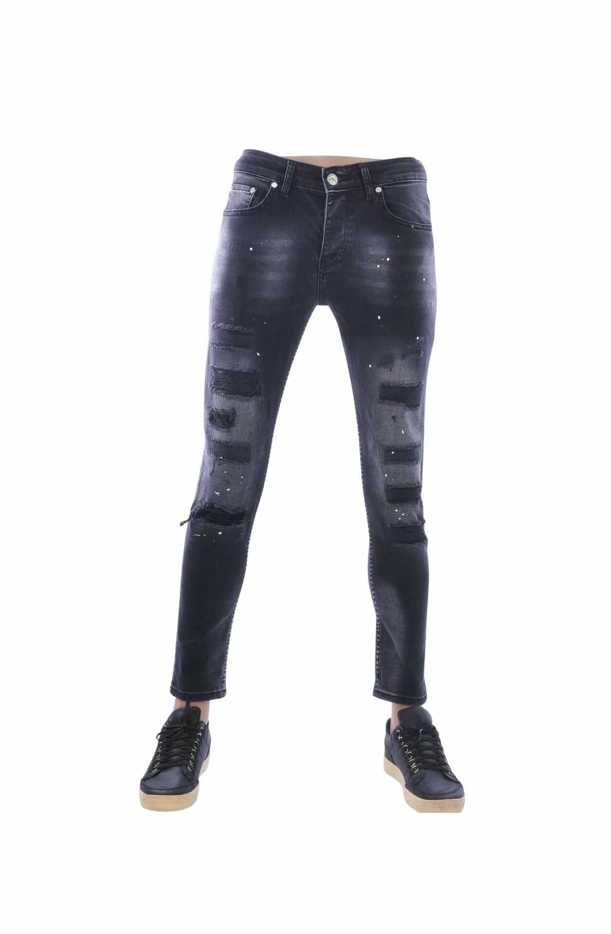 MONTFLEURI Gescheurde Slim Fit Stretch Heren Jeans met Verfspatten – Zwart