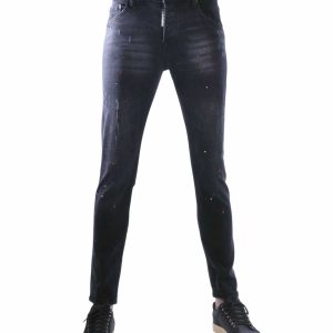 ICON2 Destroyed Look Slim Fit Stretch Jeans Met Verfspatten - Zwart