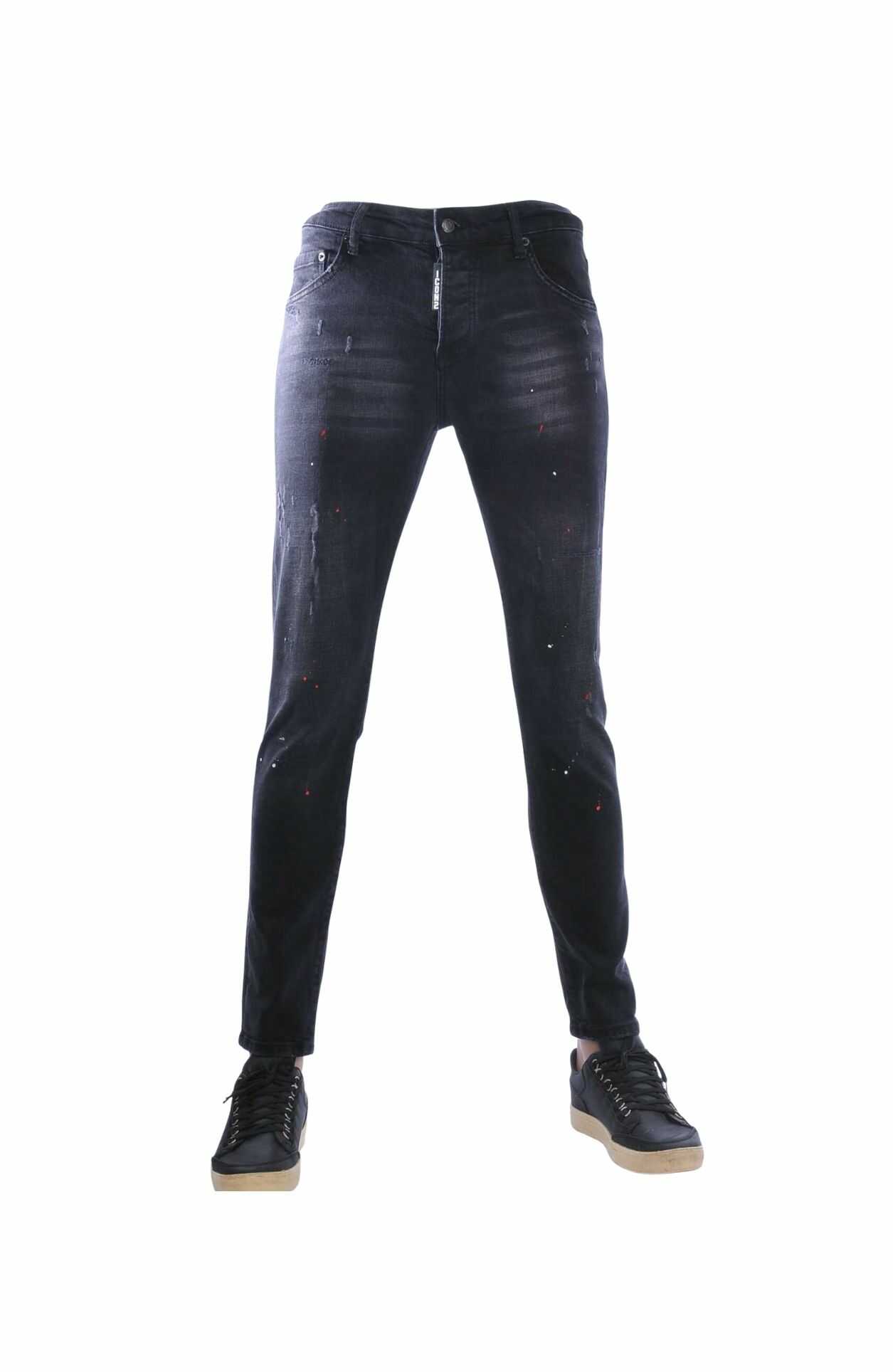 ICON2 Destroyed Look Slim Fit Stretch Jeans Met Verfspatten - Zwart