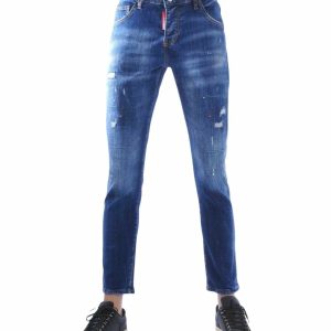 ICON2 Slim Fit Repaired Stretch Heren Jeans met Verfspatten β Blauw
