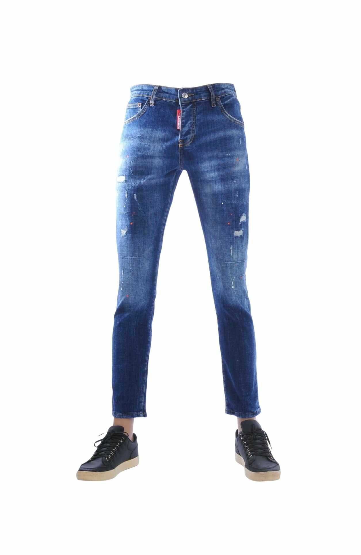 ICON2 Slim Fit Repaired Stretch Heren Jeans met Verfspatten – Blauw