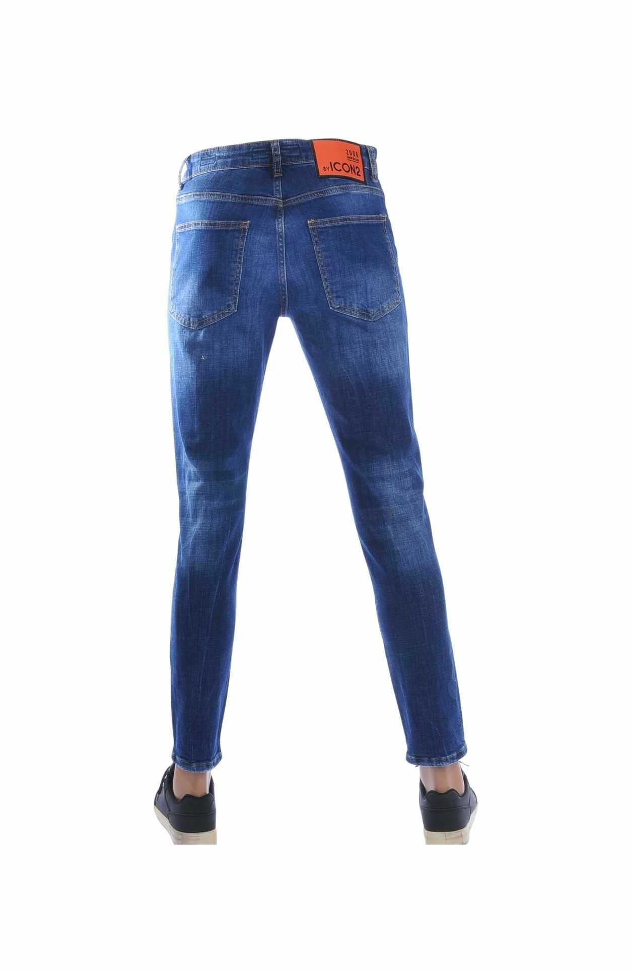 ICON2 Slim Fit Repaired Stretch Heren Jeans met Verfspatten – Blauw