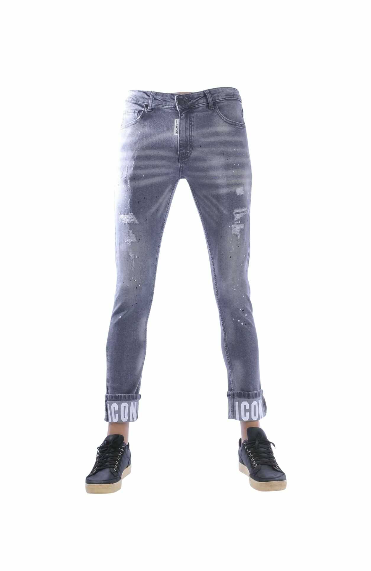 ICON Slim Fit Stretch Gescheurde Heren Jeans Met Verfspatten – Donkergrijs