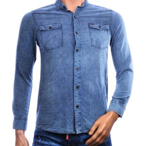 DRAGSTER heren overhemd slim fit donkerblauw met opstaande kraag en borstzakken