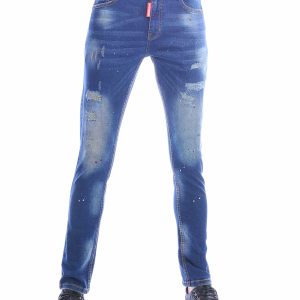 ICON donkerblauwe heren jeans extra slim fit stretch met destroyed details en verfspetters voorkant