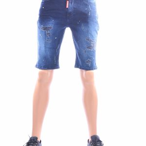 ICON korte spijkerbroek heren donkerblauw slim fit stretch denim short met destroyed details en witte verfspetters voorkant