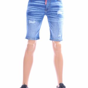 ICON lichtblauwe korte spijkerbroek heren slim fit stretch denim short met destroyed details en moderne wassing voorkant
