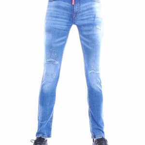 ICON lichtblauwe stretch jeans heren met destroyed details en verfspetters voorkant