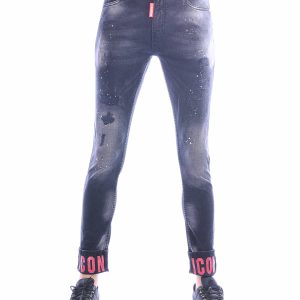 ICON stretch jeans heren zwart met destroyed details, verfspetters en rode ICON omslag aan broekspijpen.