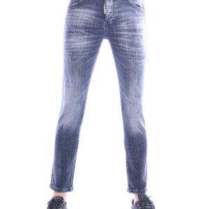 ICON2 antraciet zwarte slim fit heren jeans met stretch, verfspetters en destroyed details aan de voorkant.