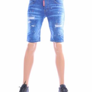 ICON2 blauwe korte jeans heren slim fit stretch met destroyed details en verfspetters