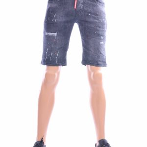 ICON2 zwarte korte jeans voor heren met slim fit pasvorm, stretch denim, destroyed details en rode en witte verfspetters.