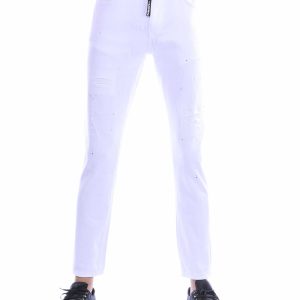 ICON2 witte slim fit jeans voor heren met stretch, destroyed details en blauwe verfspetters.