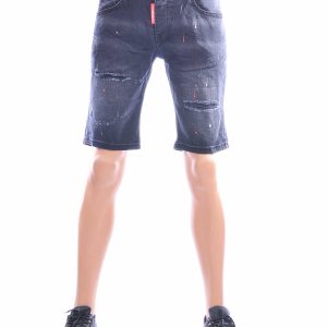 ICON2 zwarte korte jeans voor heren met slim fit pasvorm en verfspetters