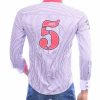 Achterzijde van JEEL paars gestreept Slim Fit heren overhemd met groot geborduurd nummer 5 en Italiaanse afwerking