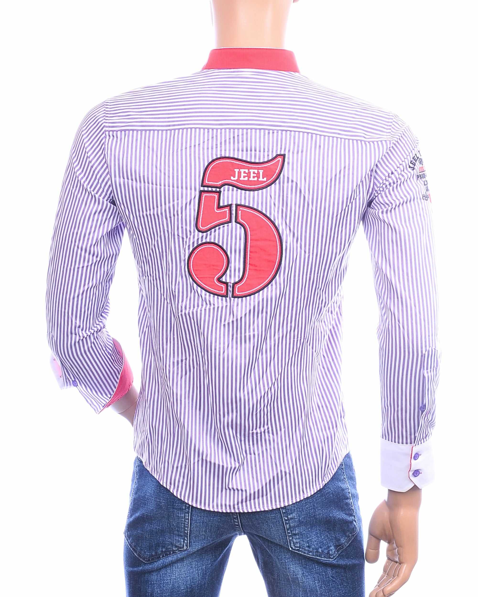 Achterzijde van JEEL paars gestreept Slim Fit heren overhemd met groot geborduurd nummer 5 en Italiaanse afwerking