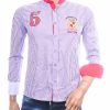JEEL paars gestreept Slim Fit heren overhemd met opstaande kraag, rode accenten en geborduurd JEEL TEAM embleem