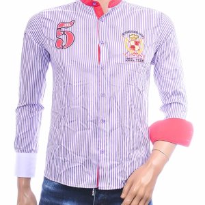 JEEL paars gestreept Slim Fit heren overhemd met opstaande kraag, rode accenten en geborduurd JEEL TEAM embleem