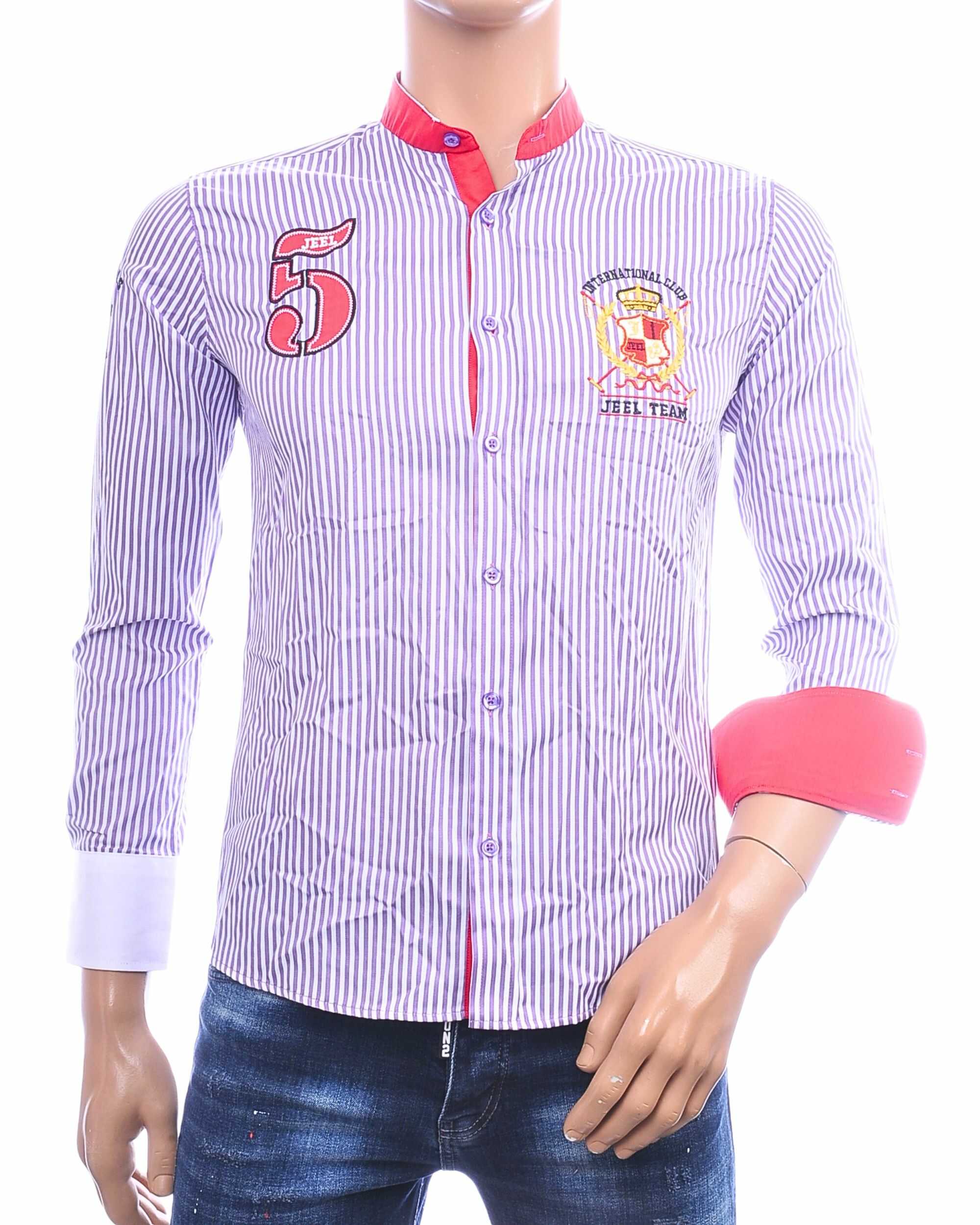 JEEL paars gestreept Slim Fit heren overhemd met opstaande kraag, rode accenten en geborduurd JEEL TEAM embleem