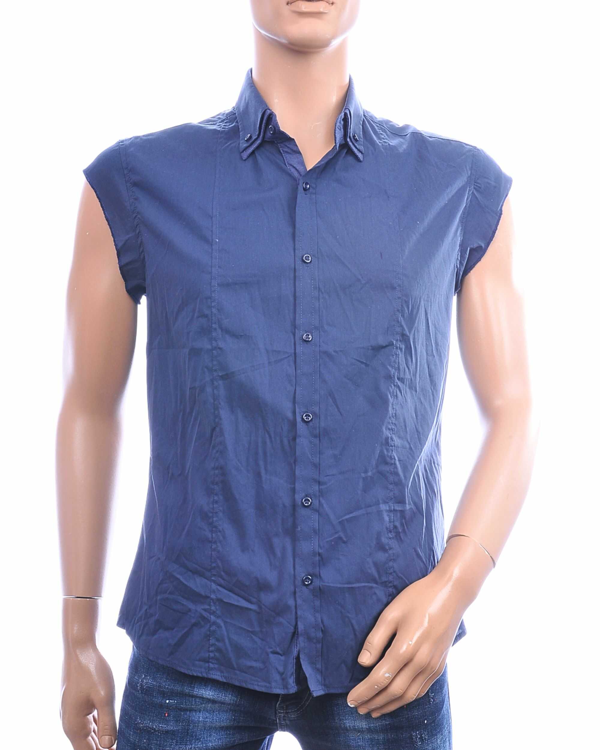 KUSS Man Fashion Slim Fit mouwloos overhemd donkerblauw met dubbele Button Down kraag van katoenmix – voorkant