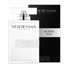 Achterzijde van YODEYMA Active Man Eau de Parfum heren met productinformatie en luxe verpakking.