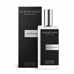 Achterzijde van YODEYMA Active Man Eau de Parfum heren met productinformatie en luxe verpakking.