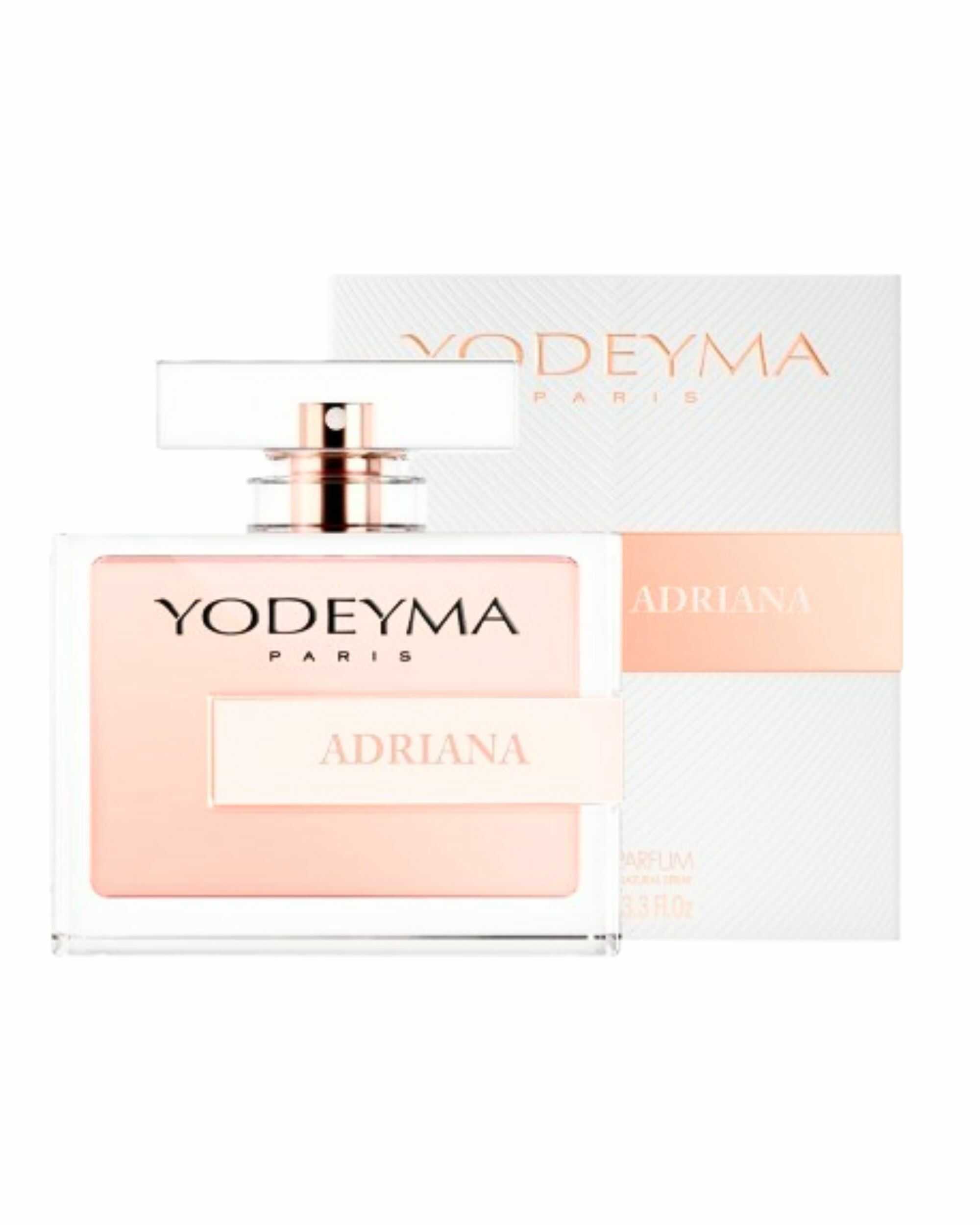 Achterzijde van YODEYMA Adriana Eau de Parfum met productinformatie en ingrediënten.