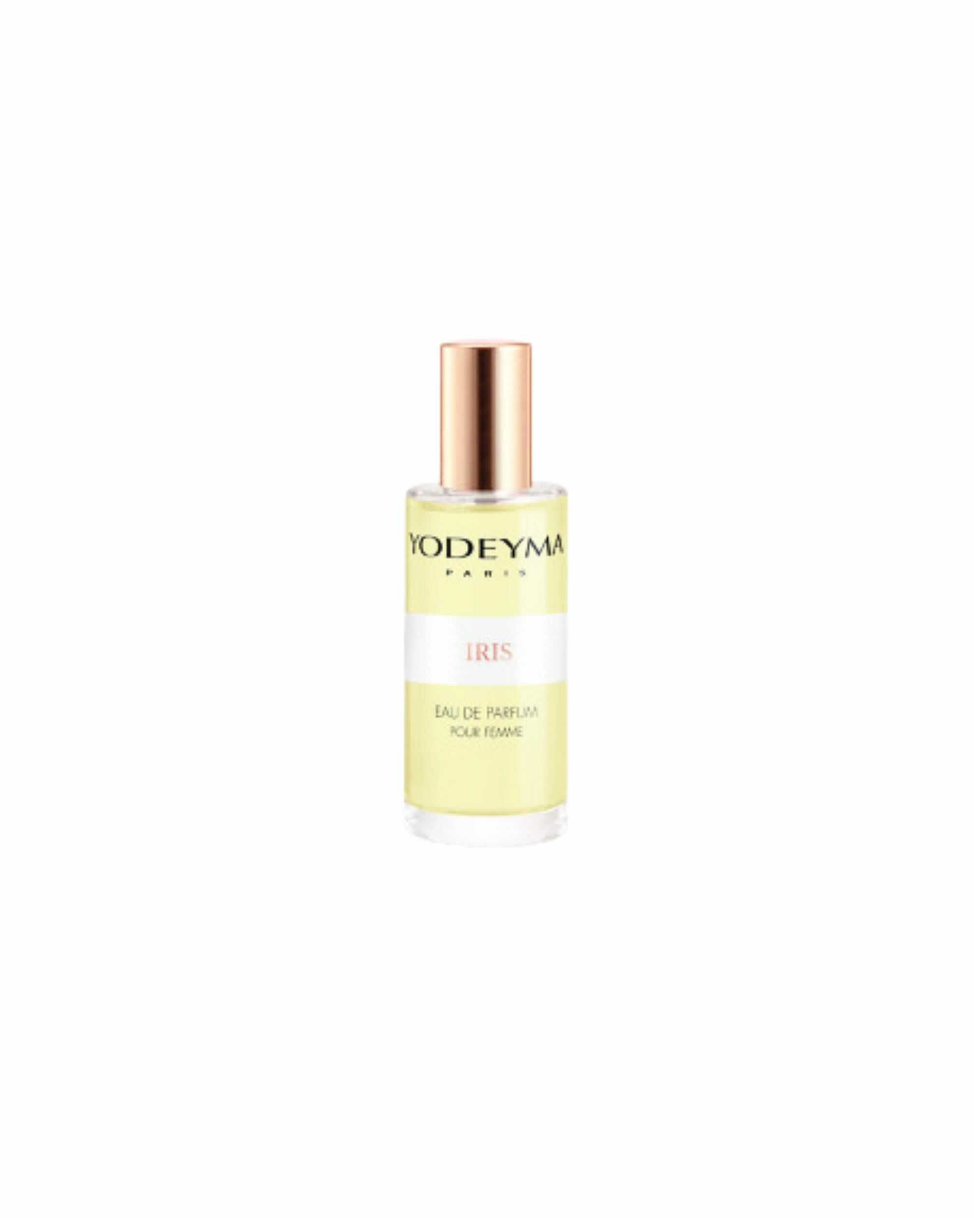 Achterzijde van YODEYMA Iris Eau de Parfum dames met luxe verpakking en elegante uitstraling.