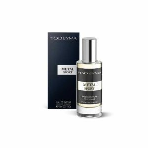 Verpakking van YODEYMA Metal Sport Eau de Parfum voor heren in 15 ml, 50 ml en 100 ml.