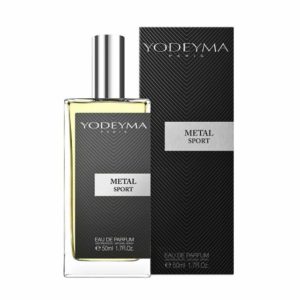 Verpakking van YODEYMA Metal Sport Eau de Parfum voor heren in 15 ml, 50 ml en 100 ml.