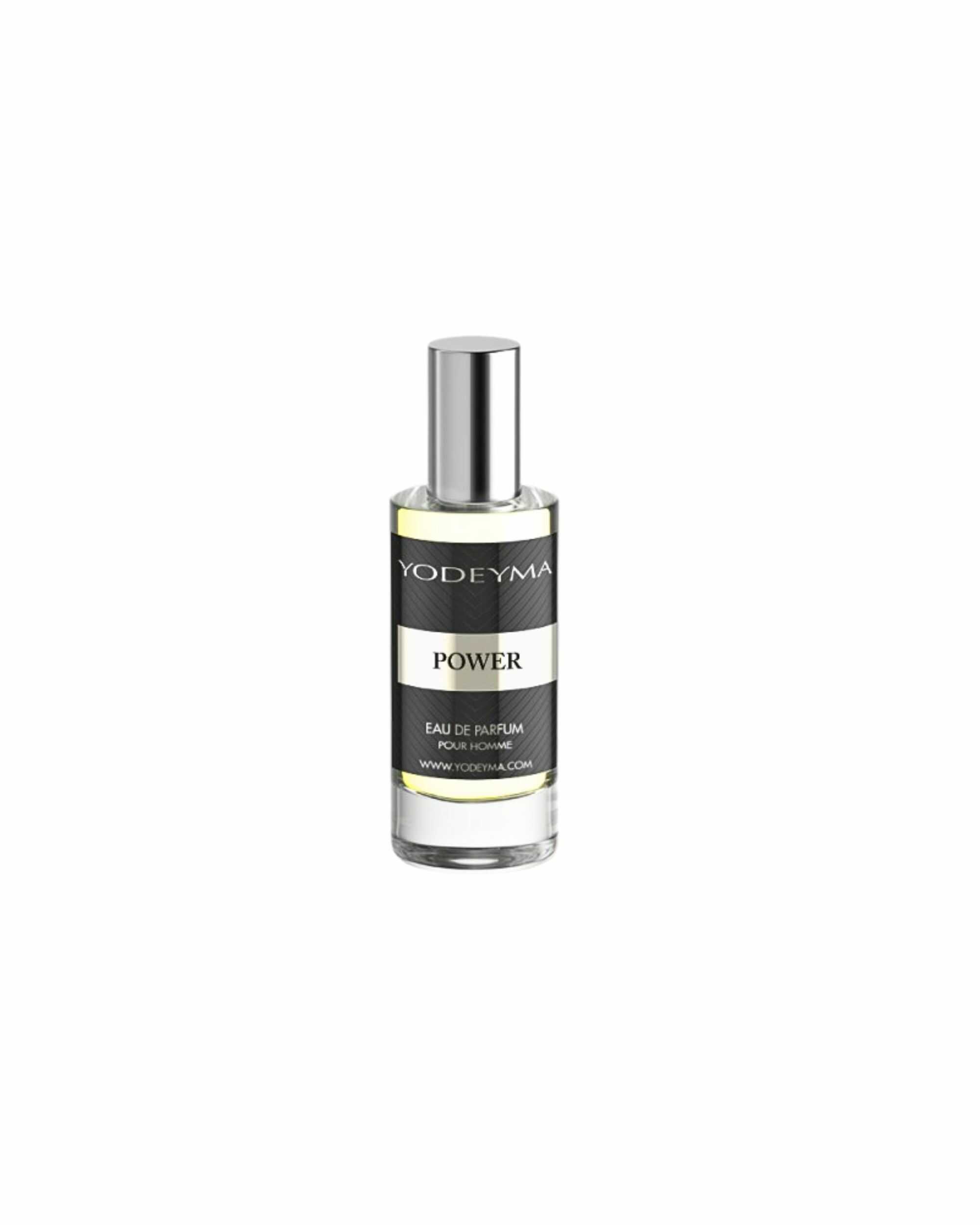 Achterzijde van YODEYMA Power Eau de Parfum met productinformatie en ingrediënten.