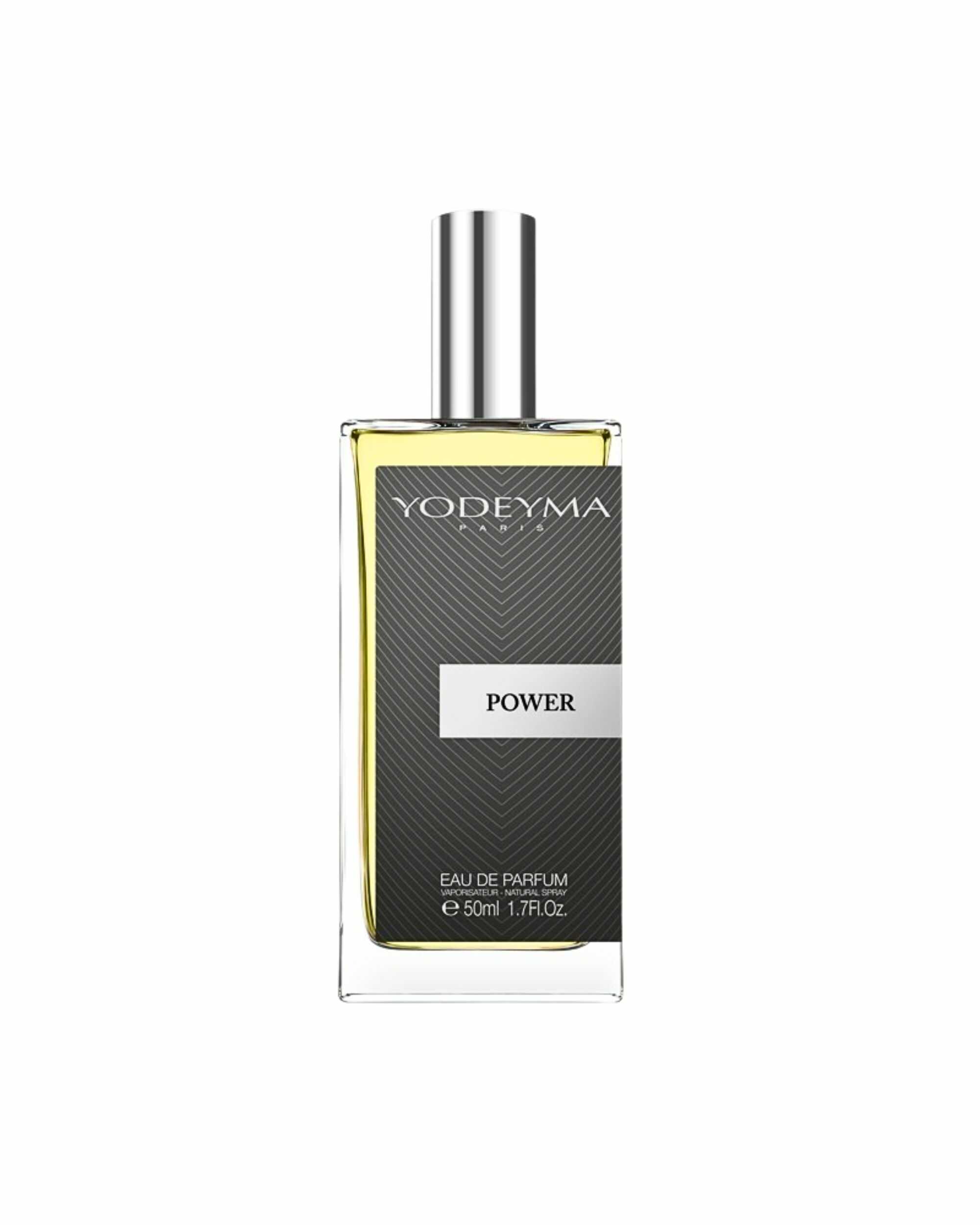 Achterzijde van YODEYMA Power Eau de Parfum met productinformatie en ingrediënten.