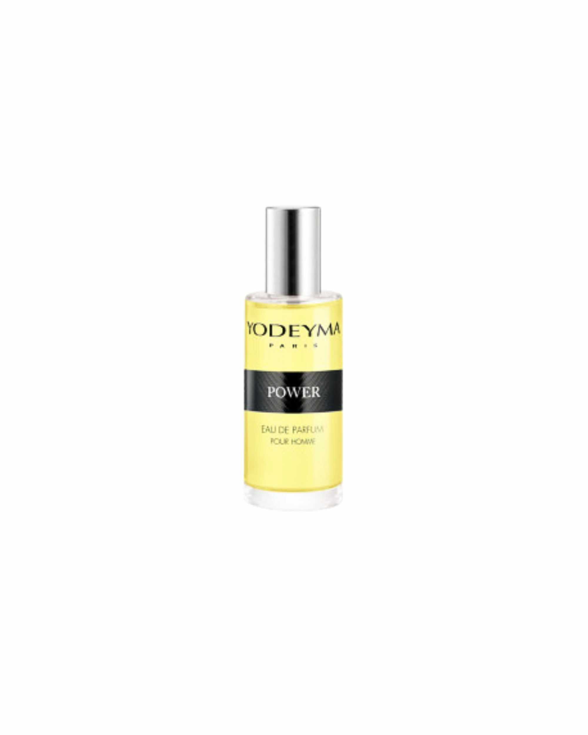 Achterzijde van YODEYMA Power Eau de Parfum met productinformatie en ingrediënten.