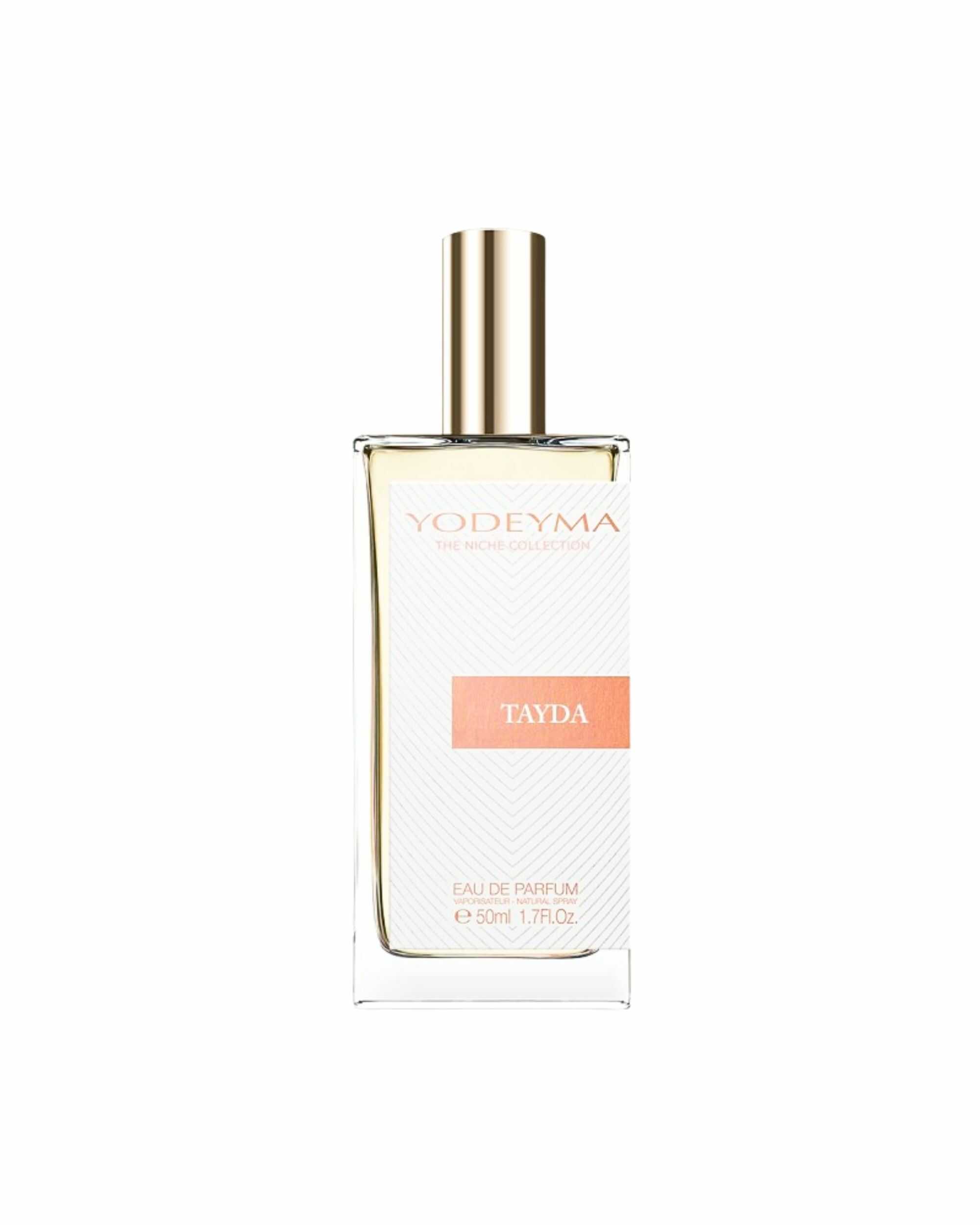 YODEYMA Tayda Floral Amber Eau de Parfum voor dames met elegante flacon, verkrijgbaar in 15 ml, 50 ml en 100 ml.