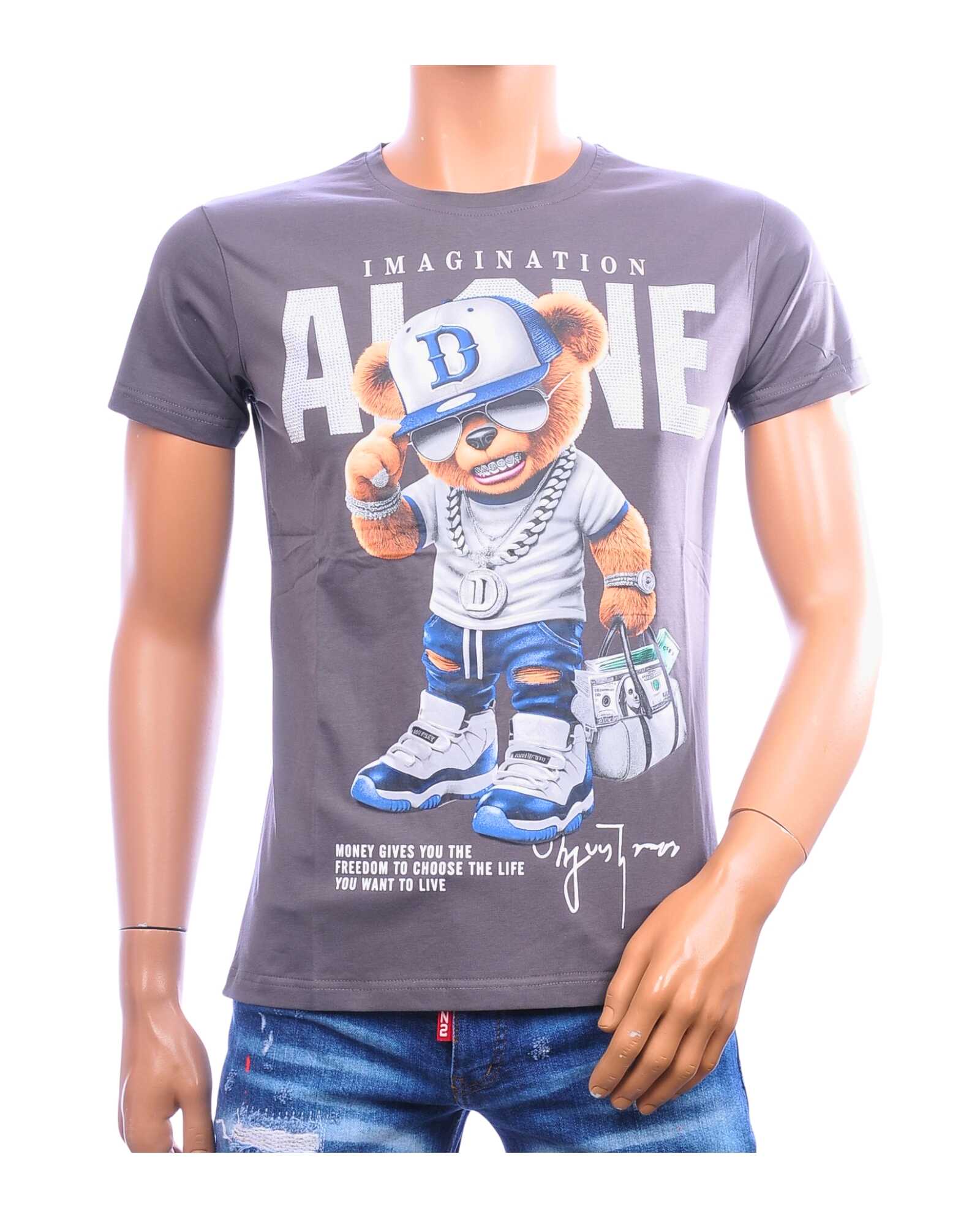 BELMAN DESIGN heren T-shirt bear print antraciet met IMAGINATION ALONE design