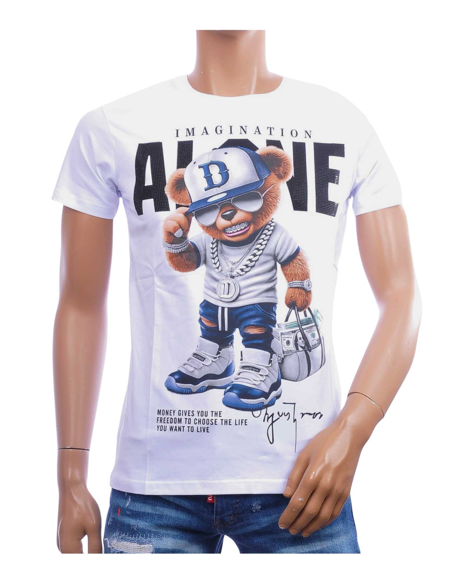 BELMAN DESIGN heren T-shirt bear print wit met IMAGINATION ALONE design