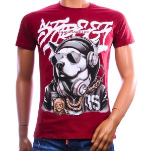 BELMAN heren T-shirt met hondenprint, zonnebril en koptelefoon in modern fit.
