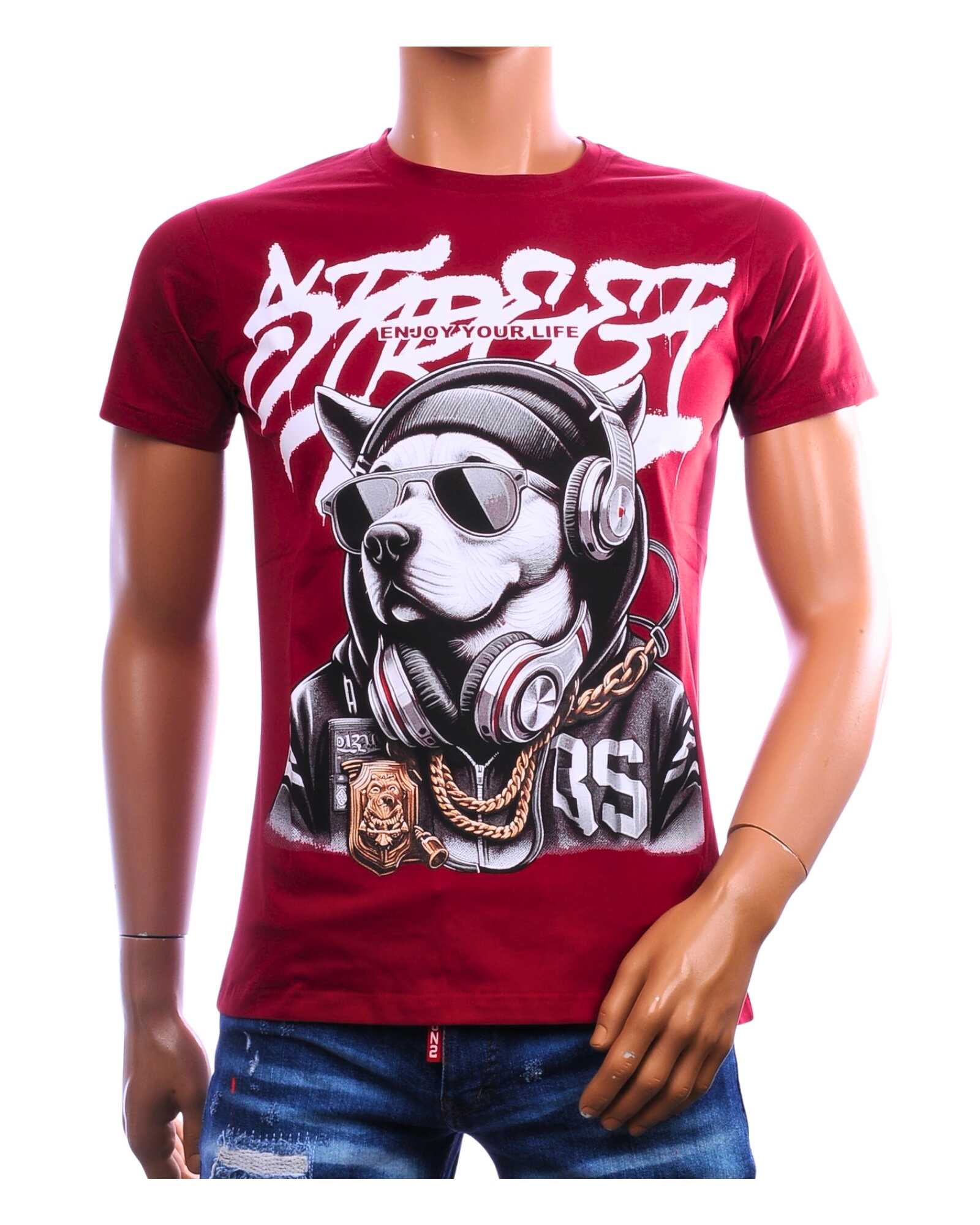 BELMAN heren T-shirt met hondenprint, zonnebril en koptelefoon in modern fit.