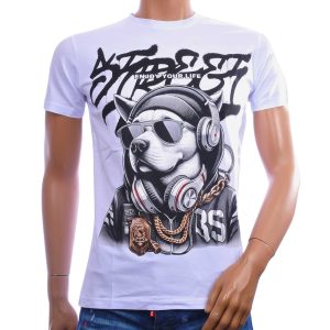 BELMAN heren T-shirt met hondenprint, zonnebril en koptelefoon in modern fit.