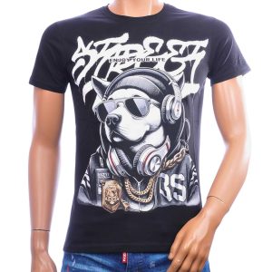 BELMAN heren T-shirt met hondenprint, zonnebril en koptelefoon in modern fit.