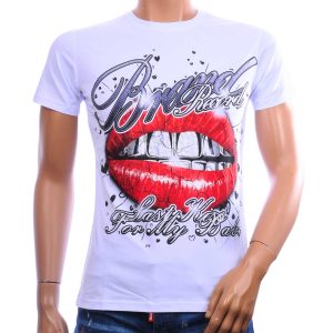 BELMAN heren T-shirt met rode lippen 3D-print in wit – Modern Fit