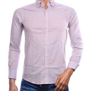 BIBLOS UOMO beige herenoverhemd met fijn allover dessin en Slim Fit-pasvorm