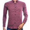 BIBLOS UOMO bordeaux overhemd heren met fijne bloemenprint en Slim Fit pasvorm.